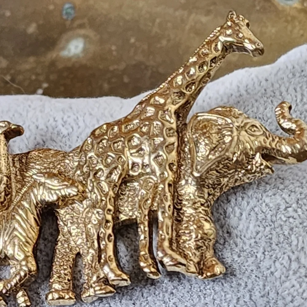 Vintage 1928 BroochnCares Gold Tone African Safari Animals Pin Nickel Free HUGE!